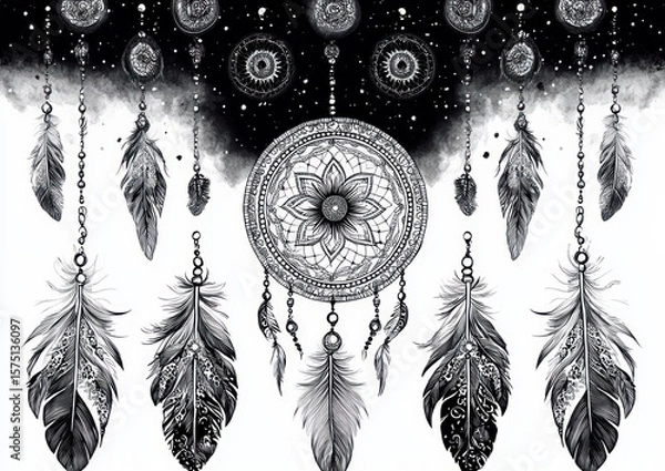 Fototapeta Intricate black and white illustration of a dreamcatcher with detailed feathers and mandala patterns hanging against a starry background, evoking calm and protection