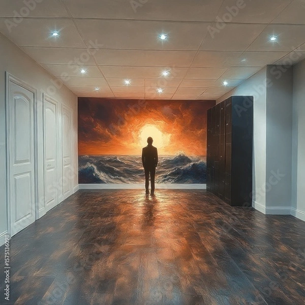 Fototapeta Silhouette of a person standing in a modern room facing a large mural of a dramatic ocean wave with a glowing sunset or sunrise in the background, creating a contemplative atmosphere