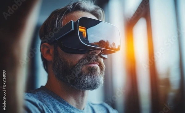 Fototapeta bearded man wearing virtual reality headset experiencing immersive technology indoors with sunlight reflection