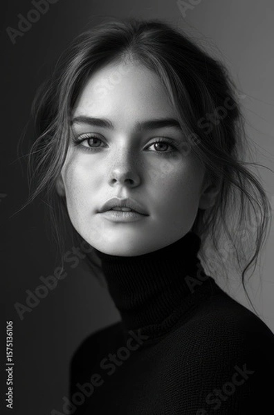 Fototapeta black and white portrait of a person wearing a dark turtleneck sweater with tousled hair against a plain background conveying a somber and introspective mood