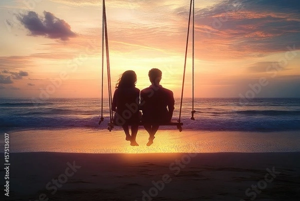 Fototapeta Silhouetted couple sitting side by side on a swing overlooking calm ocean waters at sunset with vibrant orange and purple sky