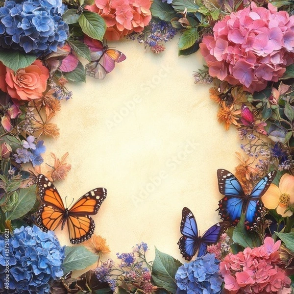 Fototapeta Colorful border of pink, orange, and blue flowers with vibrant orange and blue butterflies on a textured parchment background, evoking a serene and natural atmosphere