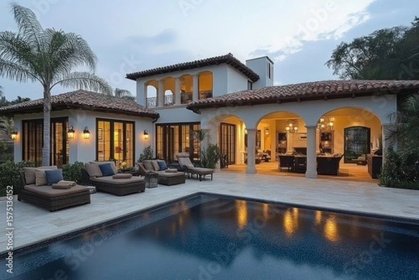 Fototapeta Luxurious Mediterranean style villa at dusk with illuminated outdoor living area, comfortable lounge chairs, palm trees, and a reflective swimming pool