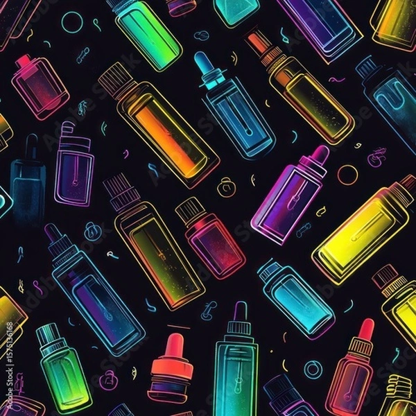 Fototapeta Colorful neon outlined dropper bottles and caps scattered on dark background creating vibrant pattern and dynamic abstract aesthetic