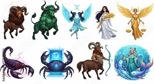 Obraz Illustrative collection of zodiac signs featuring mythical creatures and symbols representing astrological attributes