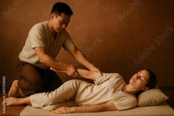 Obraz Therapist provides a relaxing massage treatment in a calm, muted setting using professional techniques Thai massage