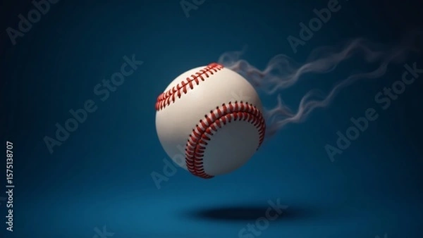 Obraz A baseball with red stitching moving quickly with smoke on a blue background