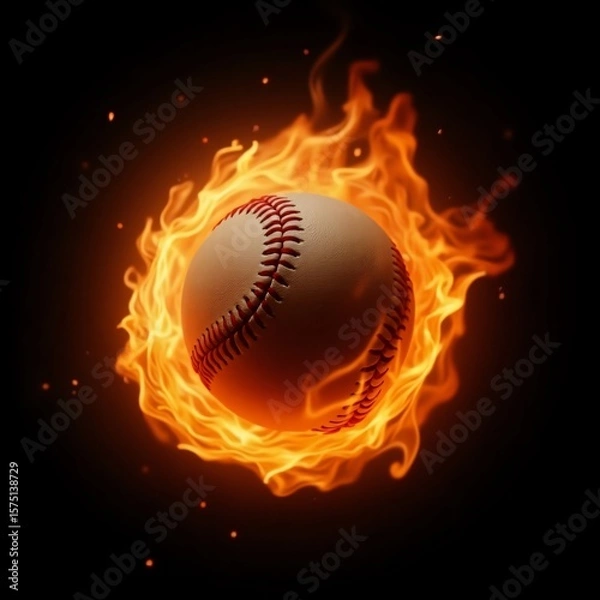 Obraz A baseball engulfed in flames against a dark background with sparks flying