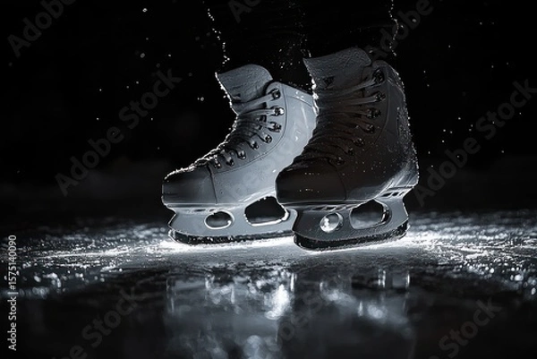 Fototapeta Close-up of white ice skates gliding on illuminated ice surface at night with ice particles scattering