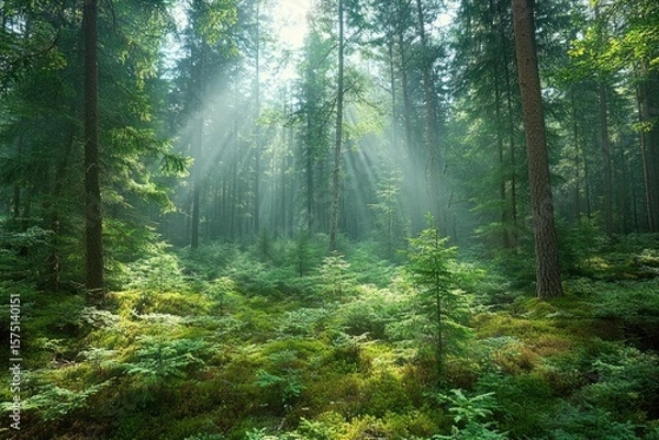Fototapeta Sun rays shining through tall trees onto lush green forest floor filled with small coniferous saplings and moss in a serene woodland