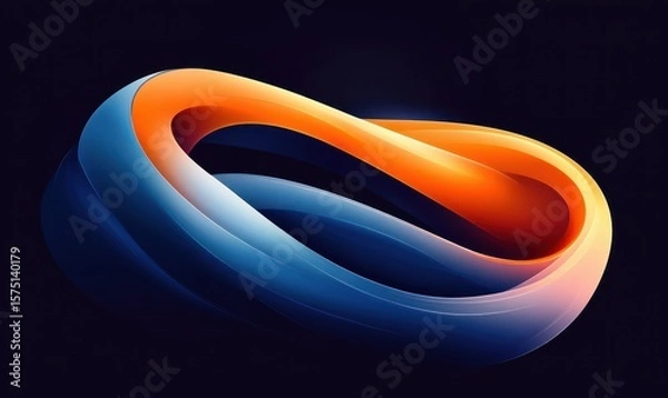 Fototapeta Abstract smooth loop shape with intertwined glossy orange and blue colors on a dark background conveying motion and depth