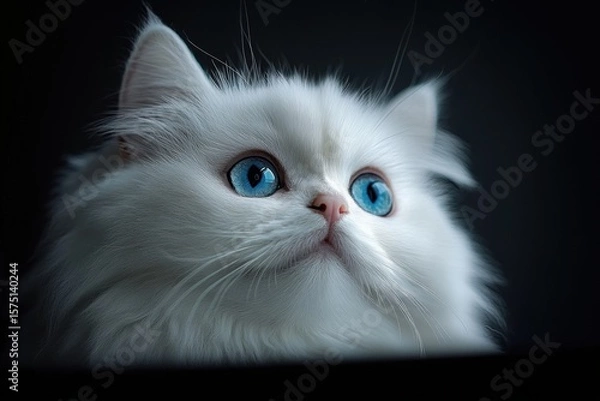 Fototapeta close-up of a fluffy white cat with striking blue eyes looking upwards with a curious and serene expression against a dark background