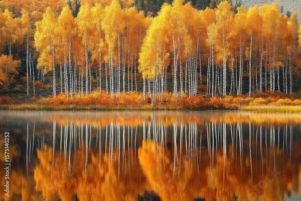 Fototapeta Calm lake reflecting tall birch trees with bright yellow and orange autumn foliage on a clear day