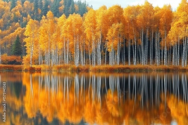 Fototapeta Autumn birch trees with bright orange leaves reflecting vividly on a calm lake surrounded by dense forest under soft daylight