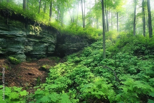 Fototapeta lush green forest with dense foliage and tall thin trees surrounding rocky cliff under soft daylight