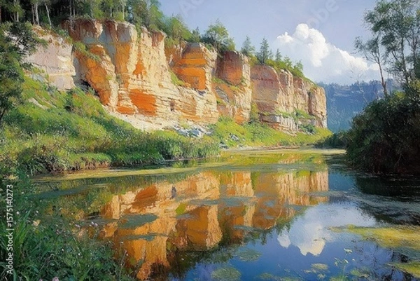 Fototapeta Serene river flowing alongside tall orange sandstone cliffs with lush greenery and trees under a bright blue sky with fluffy white clouds reflecting in the calm water