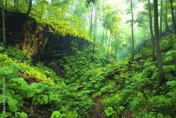 Fototapeta Lush green forest valley with sunlight filtering through tall trees and dense undergrowth creating a peaceful natural scene
