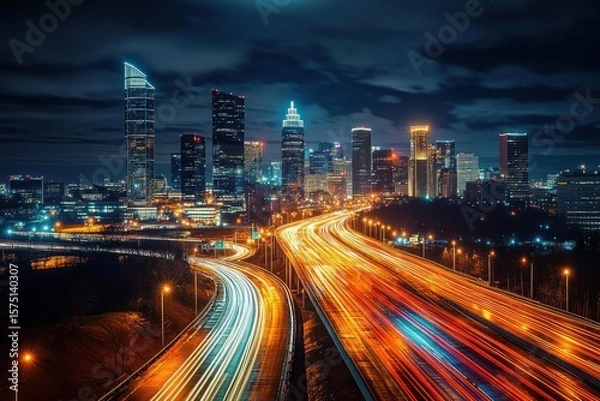 Fototapeta Vibrant cityscape at night showing illuminated skyscrapers and brightly lit highways with dynamic light trails creating a sense of motion and urban energy