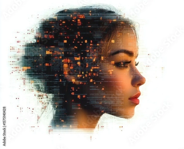 Fototapeta Profile of a young woman with digital glitch effects and abstract pixelated data surrounding her face and hair, conveying a futuristic and technological mood