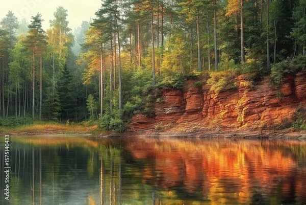 Fototapeta Calm forest lake with tall pine trees and red rocky cliff reflecting in smooth water during golden hour