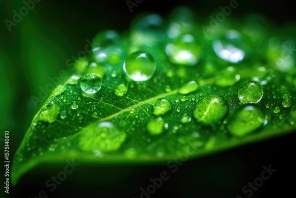 Fototapeta Close-up view of a leaf covered in water droplets.