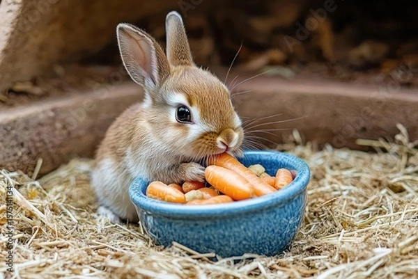 Fototapeta Cute small brown and white baby rabbit nibbling on fresh orange baby carrots from a blue ceramic bowl on dry straw bedding in a cozy enclosure