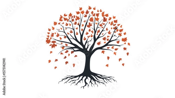 Fototapeta Autumn Tree with Falling Leaves and Roots Spread Out