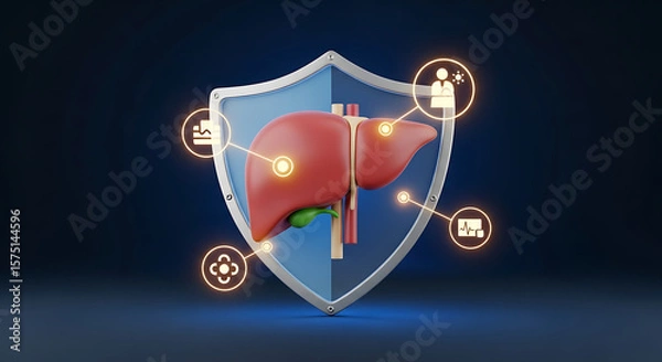 Fototapeta 3D illustration of a human liver protected by a shield, with connected health icons.