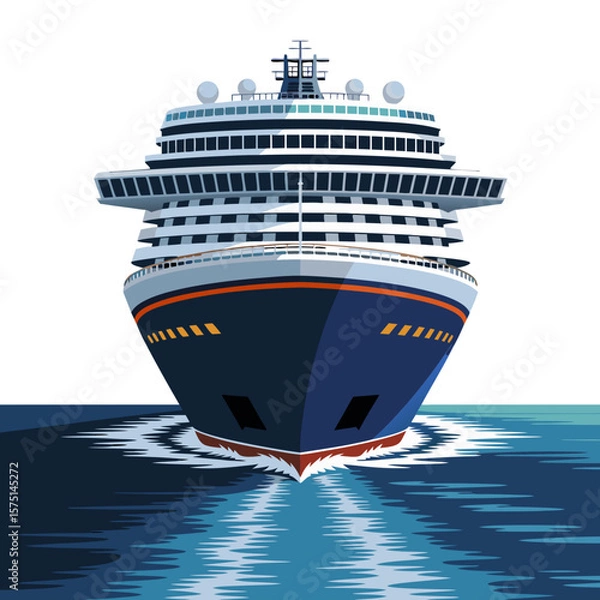 Fototapeta Front view of a large cruise ship sailing on the ocean, creating waves in the water.