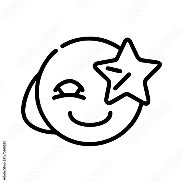 Fototapeta A wink emoji with a shining star, conveying playfulness, amusement, or encouragement in a simple, line-art style, suitable for use as an icon or in a design.