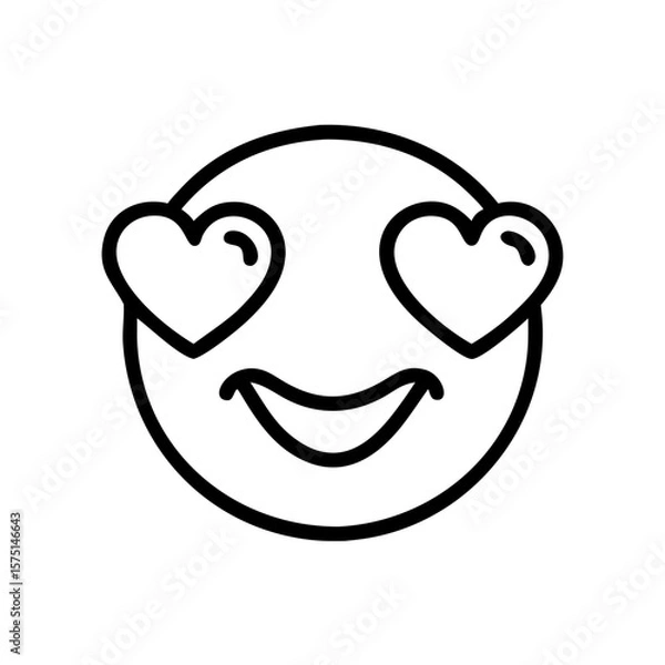 Fototapeta A captivating black and white line-art illustration features a charming smiling emoji with heart-shaped eyes, emanating love and affection.