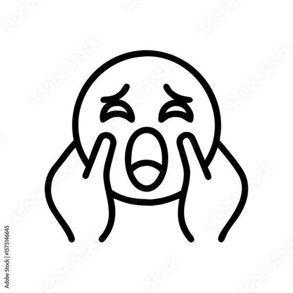 Fototapeta A stark monochrome line drawing of a person experiencing overwhelming emotion, their hands cupping their face in a pose of extreme distress. Expressing emotions.