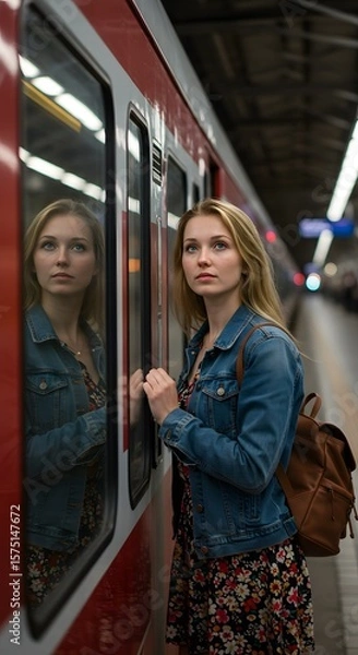 Fototapeta Woman looking out a train window