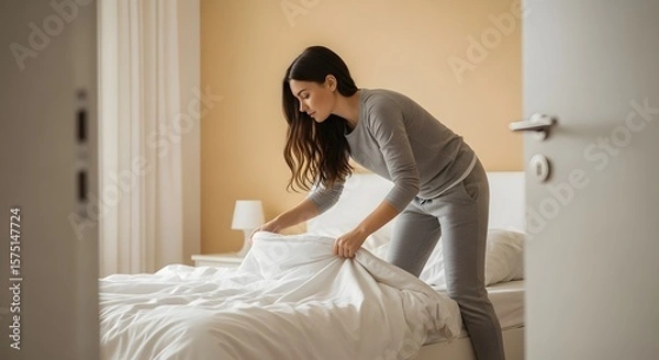 Fototapeta Woman making bed in a bedroom