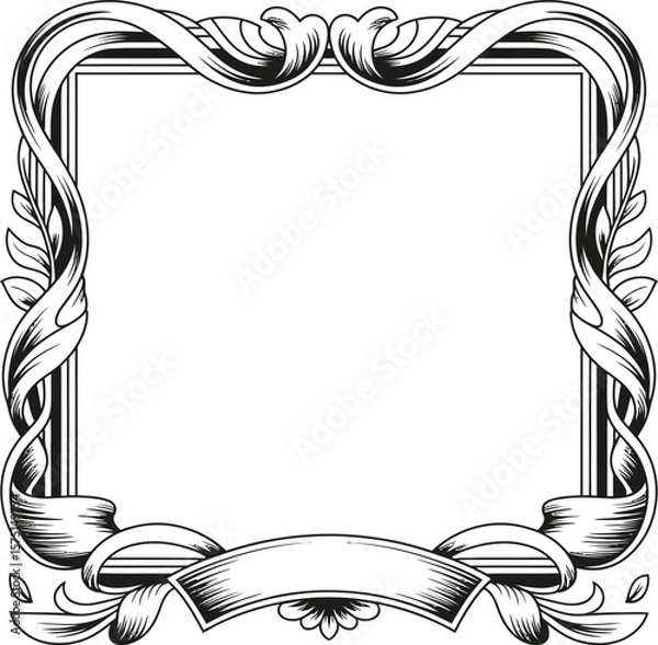 Fototapeta Elegant black and white art nouveau frame with swirling ribbons and leaves