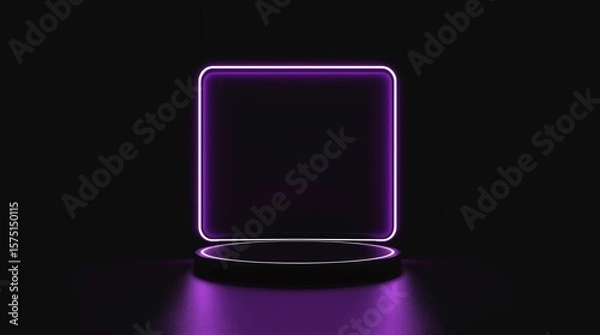 Fototapeta Modern plate pedestal of neon light platform display with luxury stand podium on dark room background. Blank Exhibition or empty product shelf. 3D rendering