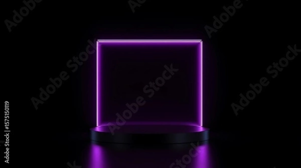 Fototapeta Modern plate pedestal of neon light platform display with luxury stand podium on dark room background. Blank Exhibition or empty product shelf. 3D rendering