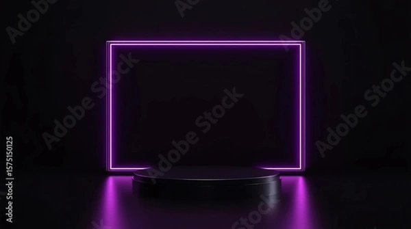 Fototapeta Modern plate pedestal of neon light platform display with luxury stand podium on dark room background. Blank Exhibition or empty product shelf. 3D rendering