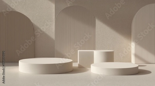Fototapeta Museum product display stand or podium pedestal on advertising background with blank backdrops. 3D rendering 