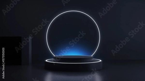 Fototapeta Luxury product background stage and black moon podium pedestal backdrops on universe moonlight display. 3D rendering