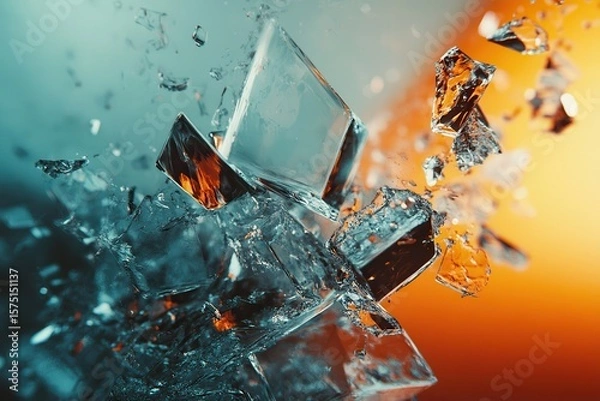 Fototapeta Broken ice cubes scatter on a gradient background of teal and orange colors. It's perfect for illustrating concepts of fragility and destruction abstractly.