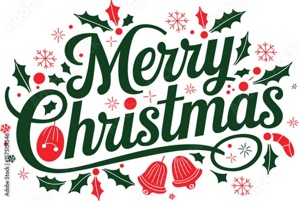 Obraz Festive Merry Christmas lettering with holiday symbols including bells, snowflakes, and holly leaves