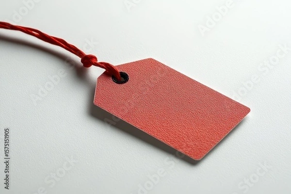 Fototapeta Red tag with a string on a white background, angled view. Ideal for price, sale, discount, or promotion concepts in a shop.