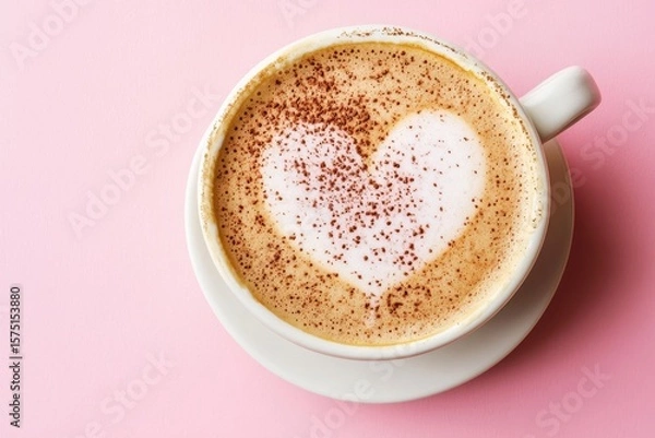 Fototapeta Cappuccino with heart shaped foam, cocoa powder in a white cup on pink. Great for Valentine's Day, love, or expressing affection visually.