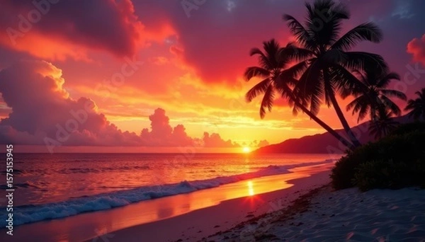 Fototapeta Dramatic sunset over Samoan beach; silhouette of palm trees against fiery sky , fiery sky, sunset, pink