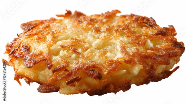 Fototapeta Single crispy draniki potato pancake with golden brown texture, made from shredded potatoes and pan-fried until crunchy, isolated on white background.