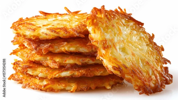 Fototapeta Crispy thin draniki potato pancakes stacked in a pile with one piece tilted forward to reveal texture, isolated on a white background.