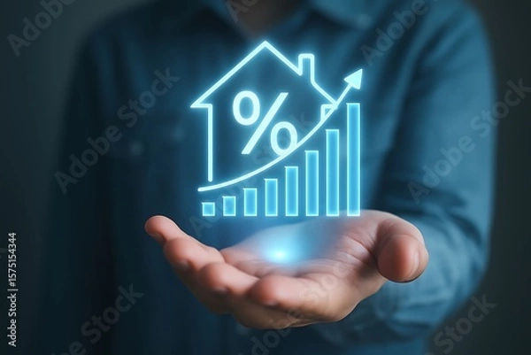 Fototapeta Glowing house with percentage sign and growth chart held in hand