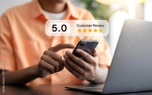 Fototapeta Person using smartphone to leave a five star customer review