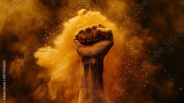Fototapeta Raised fist covered in vibrant gold powder against smoky background. Use to illustrate power, determination, protest, and strength metaphors.